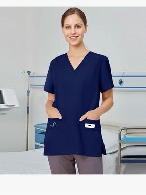 Navy V-Neck Medical Scrub Top with Pockets